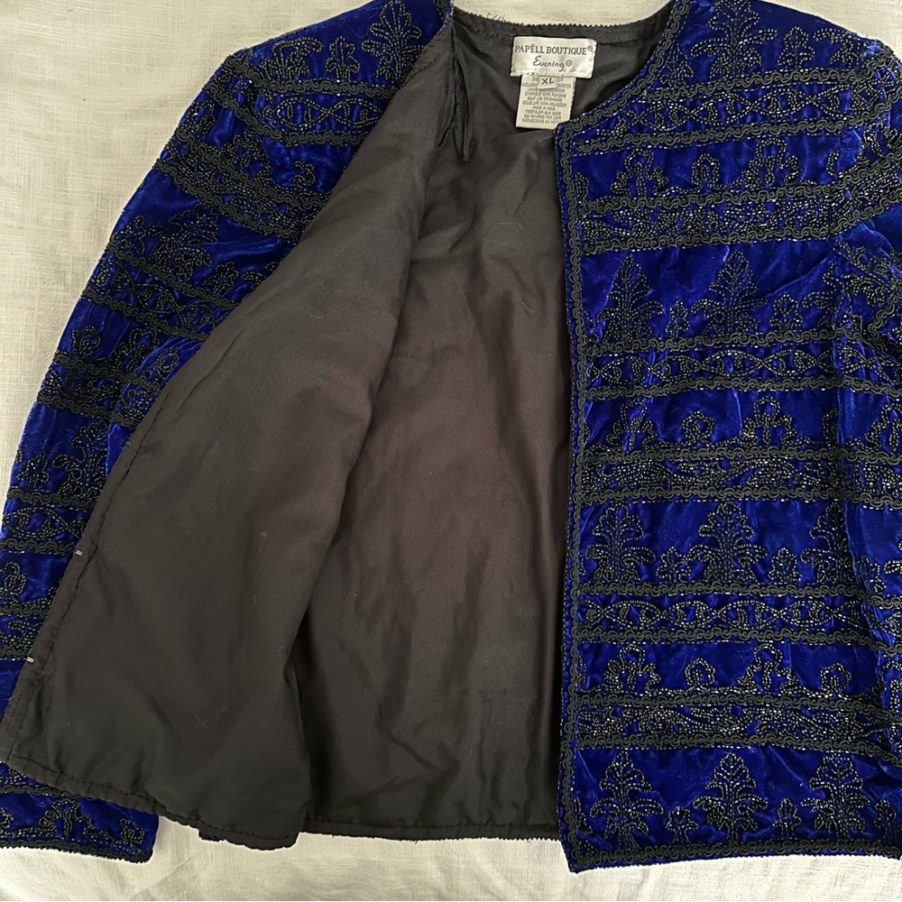 Papell Boutique Evening Jacket Blue Velvet Black Beading XL - Picture 4 of 7